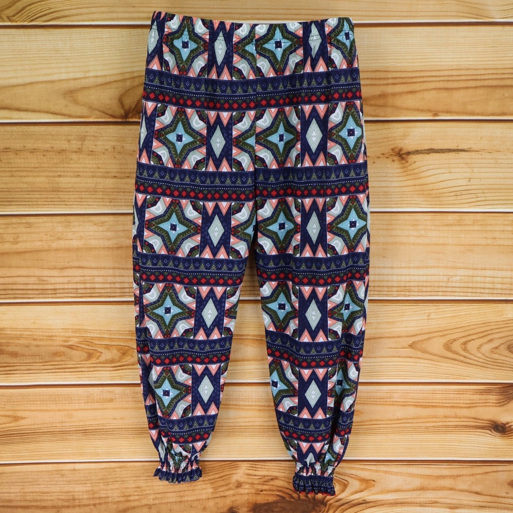 BOHO Ankle Pants‎ Womens One-Size Blue Multicolor Elastic Waist LIGHTWEIGHT